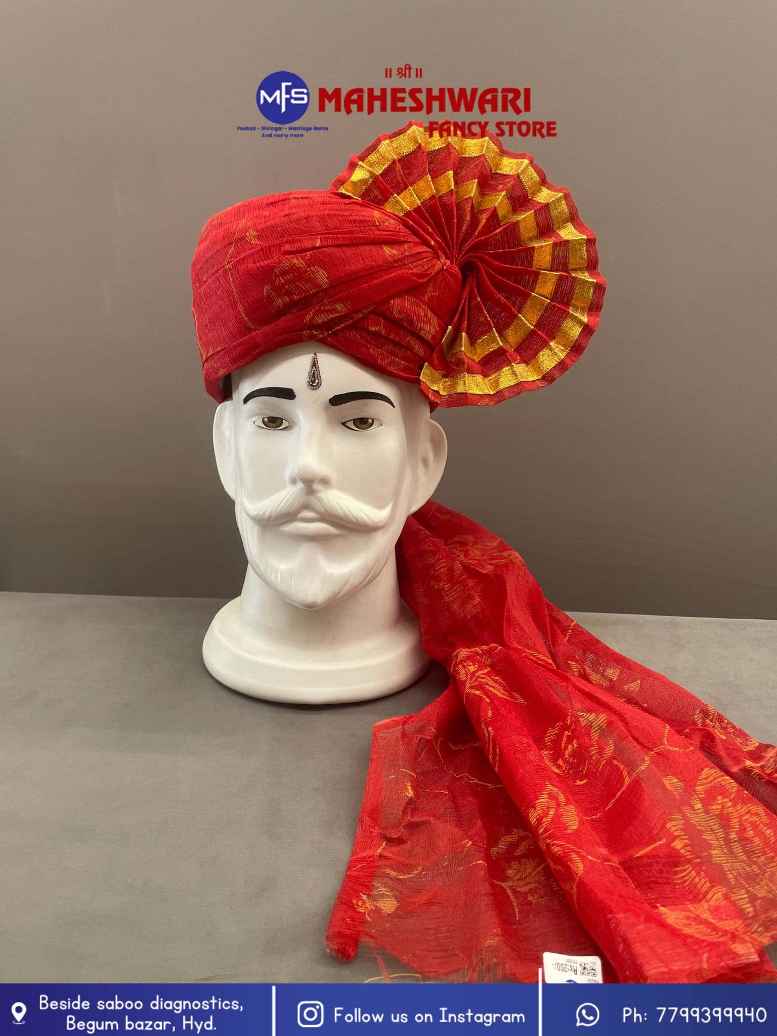 Red Flower Barati Pagdi Fabric